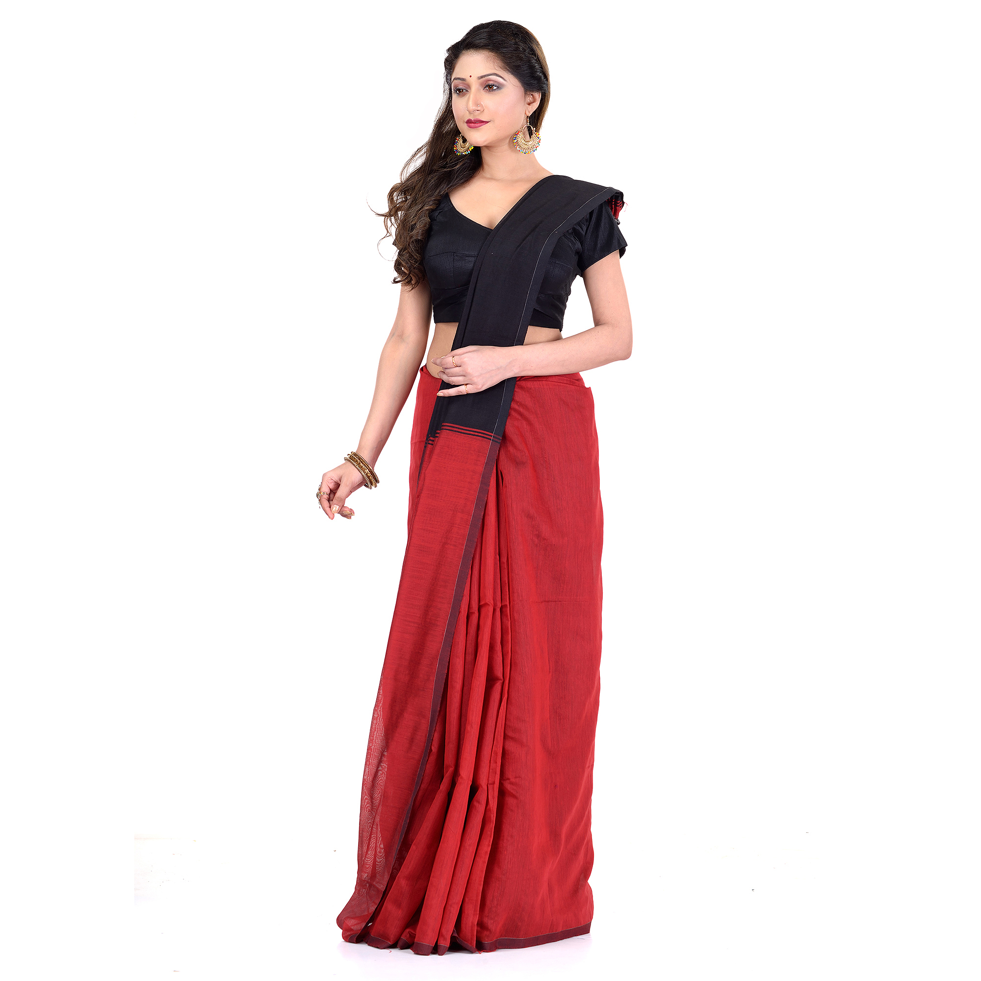 Bengal Half Half Ghicha Handloom Cotton Silk Saree With Blouse Piece (Red Black)